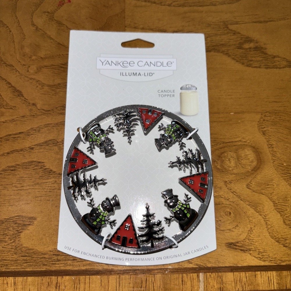 Yankee Candle Illuma-lid 3.25" Snowmen & Trees Candle Jar Topper Silver